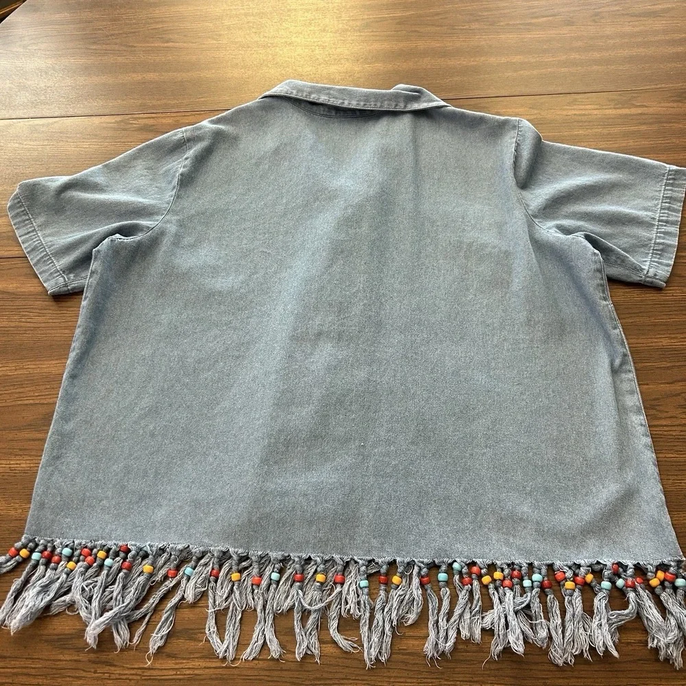 Stonebridge 1X Chambray‎ Denim Beaded Fringe Hem Shirt Festival Western Plus - Picture 13 of 13